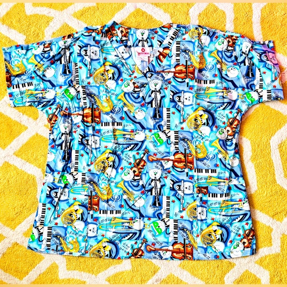 Women’s Scrub Top XXL NEW by White Cross - Fun Cats Playing Jazz NEVER WORN - Picture 1 of 7